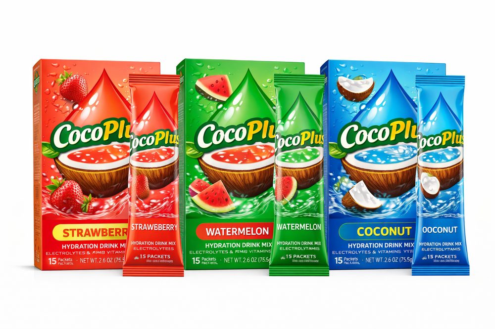COCOPlus Hydration Packets — Strawberry, Watermelon, and Coconut flavors